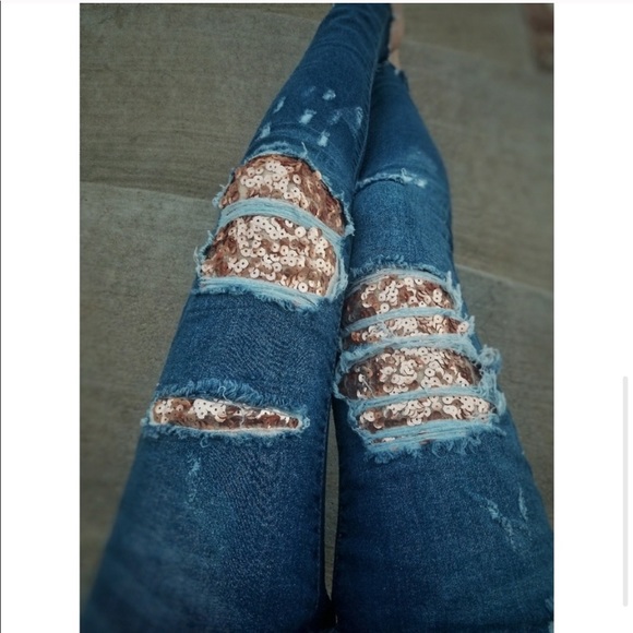 FINAL PRICE Rose Gold Sequin Skinny Jeans - Picture 6 of 8